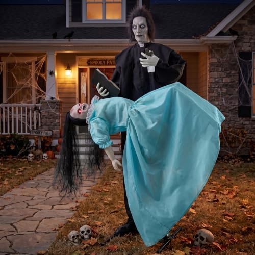 JOYIN 69" Halloween Animatronic Decorations Outdoor Exorcist Priest and Levitating Girl, 2 Pcs Sound Activated Life-Size Prop with Floating Movement, Scary Haunted House Props for Garden Yard Lawn