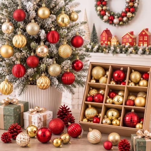 Lunmon 64 Pcs Red and Gold Christmas Ball Ornaments Glitter Xmas Bulbs