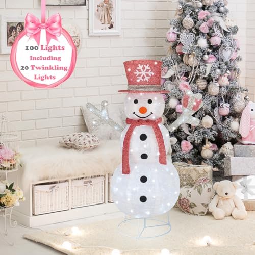 Outdoor Snowman Lighted, Pop-Up Snowman Outdoor Yard Holiday Decorations Prelit 100 Lights, Collapsible Lighted Snowmen Wear Scarf and Hold Light Up Gift Box for Pink Christmas Décor-Pink