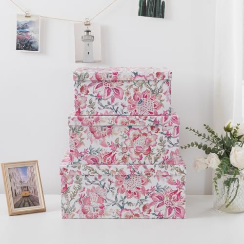 Soul & Lane - Pink Floral Decorative Storage Boxes with Lids, Set of 3
