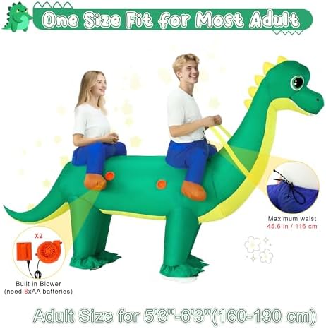 XYJKIDSES Couple Inflatable Dinosaur Costume for Adult Halloween Blow Up Costumes 2 Person Funny Ride On Brachiosaurus Costumes for Men Women Cosplay