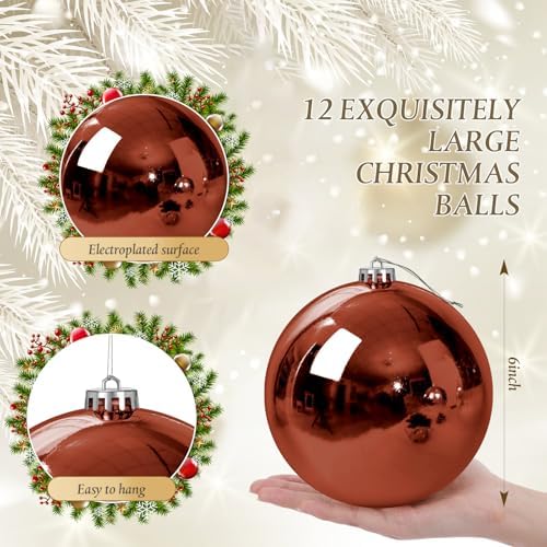 Jenaai 12 Pcs Large Brown Christmas Ball Ornaments Xmas Tree Decor, 6 Inch