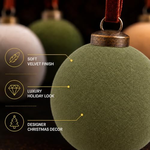 Velvet Flocked Christmas Ornaments Set – Premium Shatterproof Christmas Ball Ornaments with Brass Metal Caps, Assorted Sizes for Christmas Tree, Holiday & Seasonal Home Décor (Green 15pcs)