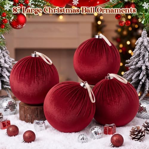 Weysat 6 PCS 8" Extra Large Velvet Christmas Ball Ornaments, Burgundy