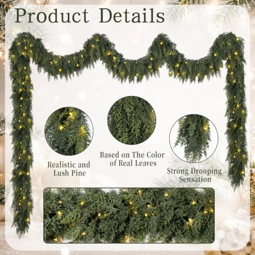 15FT Christmas Cedar Garland with Lights Prelit Pine Garland Decoration