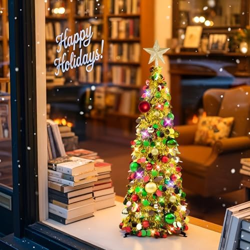 N&T NIETING Pop Up Christmas Tree with Lights & Ornaments, 3FT, Gold