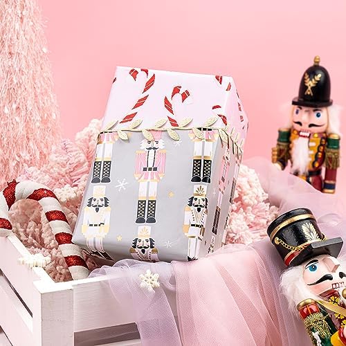 WRAPAHOLIC Reversible Nutcracker Christmas Wrapping Paper - Mini Roll - 17 Inch x 33 Feet - Nutcracker and Candy Cane Design Printed on Pearlized Paper for Chrsitmas, Holiday, Party Celebration
