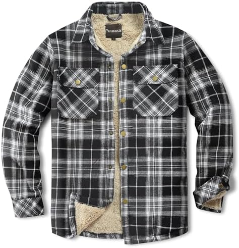 Men's Sherpa Cotton Flannel Shirt Jacket Plaid Button Coat Pocket