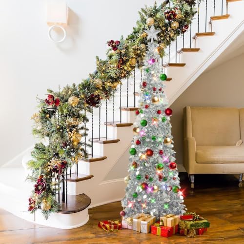 N&T NIETING Pop Up Christmas Tree with Lights & 30 Balls, 5Ft Collapsible Silver Tinsel Christmas Tree Decoration for Holiday Home Office Decor