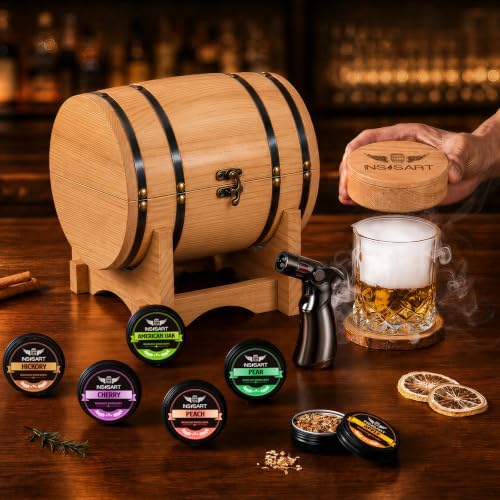 INSISART Whiskey Smoker Kit, Old fashioned Smoker Kit with Barrel, Natural