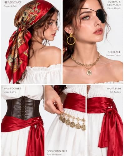8 Pcs Pirate Costume Women Renaissance Dress Set, Medieval Pirate Outfit for Women with Corset Belt and Accessories