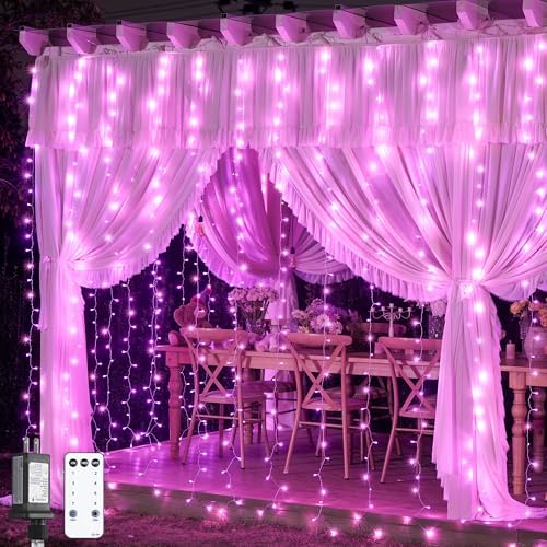 JMEXSUSS 300 LED Curtain Lights, Pink String Lights for Bedroom, 9.8x9.8 ft