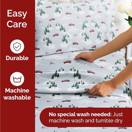 Christmas Sheet Set, Pickup Trucks, Holiday Xmas Bedding Set - Cal King