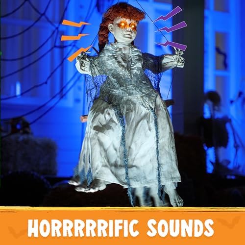 JOYIN Scary Halloween Decorations Outdoor, Halloween Hanging Scary Swing Girl Decorations Winging White Doll with Creepy Sound and Light Up Eyes Sound, Animatronics Hanging Decors Activated