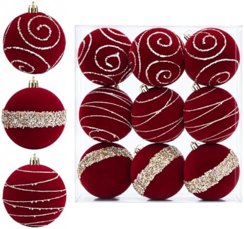 9Pcs Red Velvet Christmas Ornaments 3.94In Balls for Christmas Tree Deco