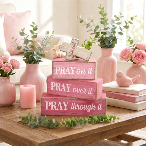 Moucuny 4 Pcs Pink Christian Table Decor Cross Wooden Bible Verse Sign
