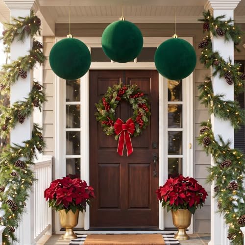 Threan 10 Inch Large Emerald Green Velvet Christmas Ball Ornaments
