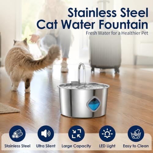 Pawira Cat Water Fountain, 304 Stainless Steel Pet Water Dispenser, 108oz Large Capacity with Water Level Window, Ultra Quiet Automatic Drinking Fountain with 10 Filters & 6 Pump Cotton