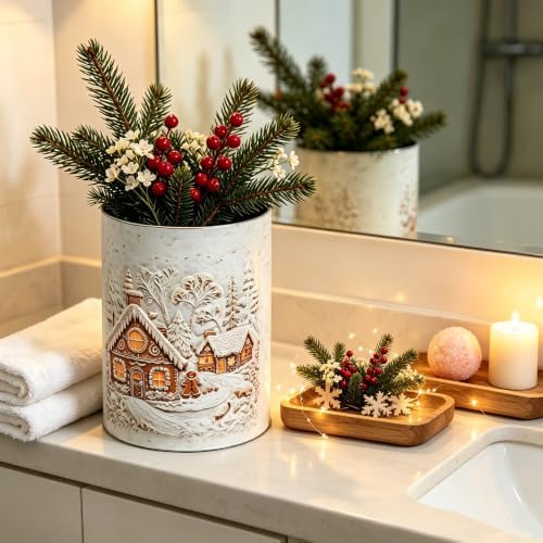 Christmas Canister Set of 2, Embossed Gingerbread House Metal Storage Jars with Wooden Lids, Winter Snow Village Decorative Cookie Tins for Candy Treats, Farmhouse Xmas Kitchen Countertop Home Decor
