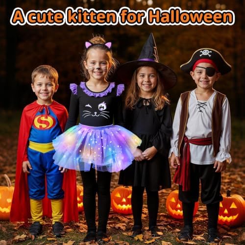 GIFTINBOX Black Halloween Cat Costume for Girls, Light Up Outfit Kids 3-8