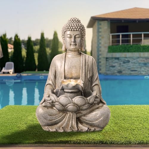 Glitzhome Buddha Outdoor Water Fountain with Lights and Pump, 28.25" H Zen Style Outdoor Fountain Concrete Meditating Buddha Statue Polyresin Garden Fountain Waterfall for Patio, Porch, or Yard Decor