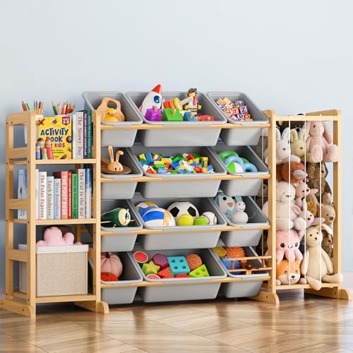 Toy Storage Organizer with Bookshelf and Stuffed Animal Storage - Kids Playroom Organization with 3 Shelves and 12 Toy Bins - Toddler Living Room Toy Box for Lego - Nursery Bedroom Decor Essential