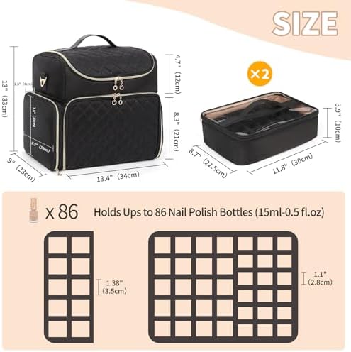Extra Large Nail Polish Organizer Case Holds 86 to 100+ Bottles Organizer & Nail Lamp, Supply Storage Carrying Bag with 2 Removeable Pouches, Portable Nail Tech Travel Box (Black, 86 Slots)