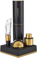 RBT 5-Piece Electric Wine Set with Automatic Corkscrew, Aerator, Foil Cutter, Vacuum Preserver, Charging Base, Black and Gold
