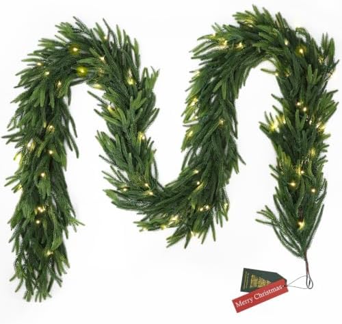 N&T NIETING 15FT Christmas Norfolk Pine Pre-Lit Garland with 125 LED Lights Real Touch Prelit Garland Christmas Greenery Garland for Table Mantle Fireplace Stairs Indoor Outdoor Xmas Decorations