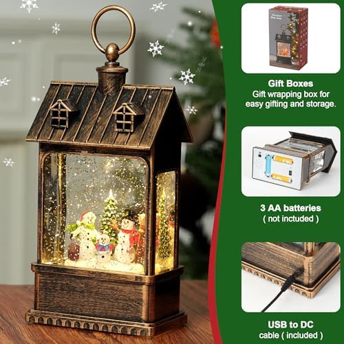 Christmas Snow Globe Lantern Water Glittering Snowman Family with Music, USB Lined/Battery Operated Lighted Lantern for Christmas Festival Decoration Gifts