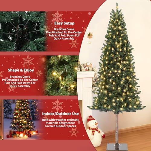 GarveeHome Pencil Christmas Tree 7.5 ft Pre-lit Alpine Slim Holiday Decoration, Lighted Skinny Décor LED Lights, Metal Stand, 7.5 ft Xmas Tree for Room, Bedroom, Apartment, Outdoor, Office, 7.5 Foot