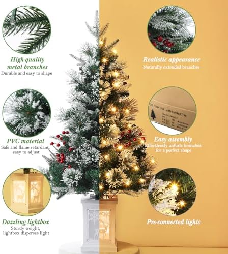 3ft Prelit Snow Flocked Christmas Tree with Light Up White Moose Box Base