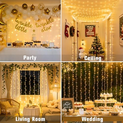 JMEXSUSS 300 LED Remote Control Curtain Lights, Plug in Fairy Curtain Lights Outdoor, Window Wall Hanging String Lights for Bedroom Indoor Dorm Backdrop Wedding Party Patio Christmas Decor, Warm White