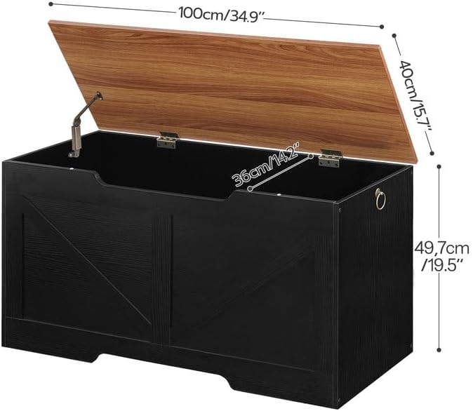 HOOBRO Storage Bench, 39.4" Retro Wooden Storage Chest with U-Shaped Cut-Out Pull, Safety Hinge, Supports 220 lb and Easy Assembly for Toy Box Organizer (Black and Walnut) BH771CW01G1