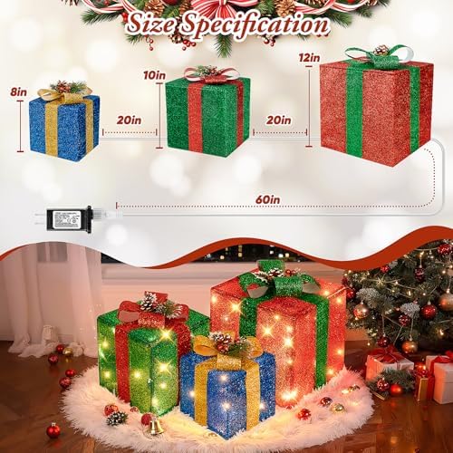 Brightever Set of 3 Christmas Lighted Gift Boxes for Christmas Porch Decor - 12" 10" 8", Plug-in Xmas Present Box in 3 Colors with 70 LED Mini String Lights, Vintage Ornaments Set for Tree Fireplace