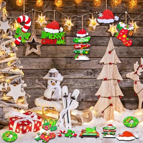 12 Piece Christmas Tree Decorations Set, Wooden Christmas Ornaments Bulk