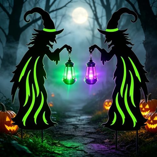 Halloween Decorations Outdoor Metal Witch Garden Stakes with Solar Lights