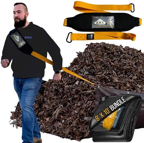 Leaf Collector Lawn Bundle - Padded Tarp Strap + Heavy Duty 8x10 Waterproof Tarp for Leaf and Lawn Waste, Hunting Sled Deer Drag Strap, Snow Removal, For use with Blower, Yard Vacuum, Mulcher, Sweeper