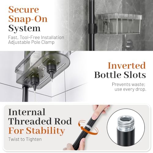 LURKA 4-Tier Shower Caddy, Wall Mounted Organizer with Adjustable Baskets