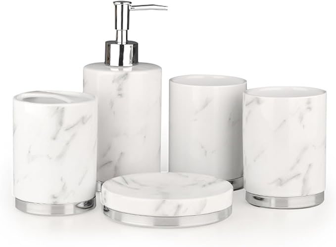Soap Dispenser Set White, Set of 5 Bathroom Accessories, with 2 Toothbrush Cups, Soap Dish, Toothbrush Cup, Ceramic Soap Dispenser, for Bathrooms, Apartments, Dormitories,White d