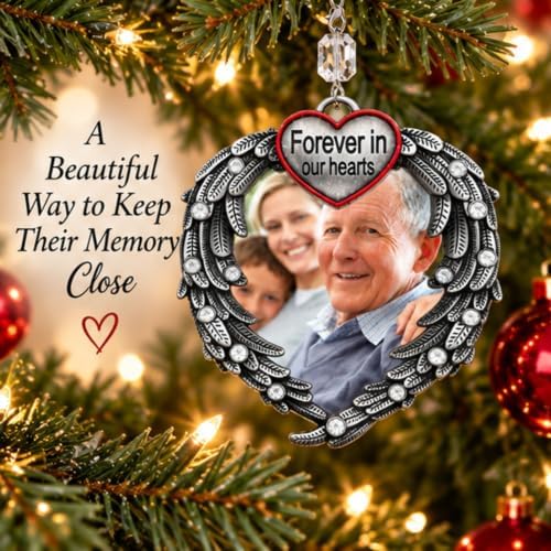 Memorial Photo Ornament for Loved One – Silver Heart Angel Wings Picture Frame Ornament, in Loving Memory Sympathy Gift for Loss of Mom, Dad, Family Member, Bereavement Christmas Keepsake