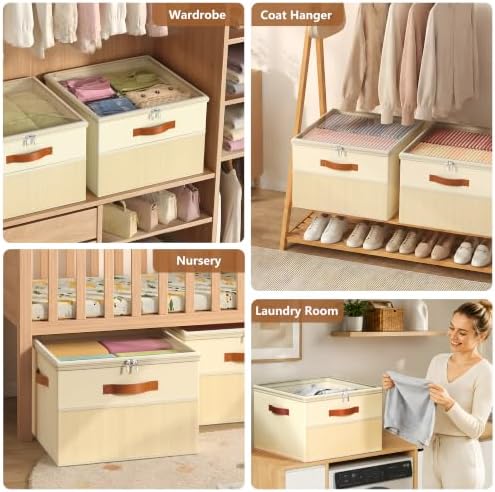 Shoe Organizer for Closet,2 Pack Foldable Shoe Storage Organizer Box Bin with Adjustable Dividers and Clear Cover, Fits up to 16-32 Pairs（Beige）