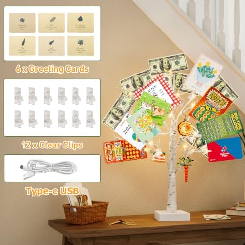 PEIDUO Set of 2 Money Trees, Lighted 22Inch 24LT White Birth Tree with Clips and Greeting Cards, Gift Card Holder for Birthday,Christmas, Wedding, Father's Day Graduation Gifts, Money Tree Gift Holder