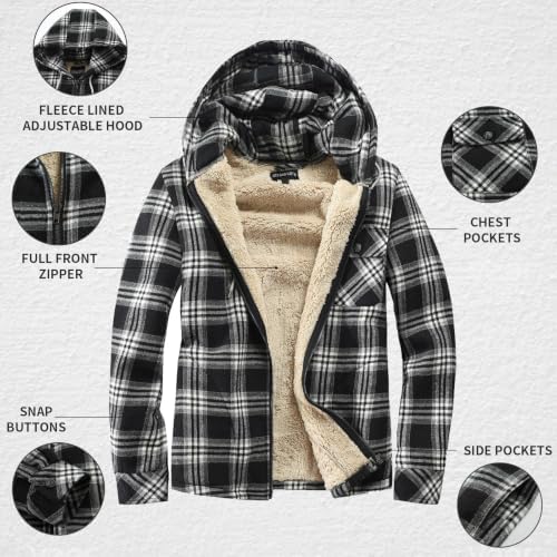Elesuit Men's Full Zip Fleece Flannel Jacket Shirt Plaid Cotton Hoodie Coat