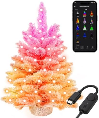 Brizled Smart Pink Mini Valentines Tree, 22.8in DIY Smart-Lit Pink Flocked Tabletop Xmas Tree with 100 LED RGB Lights, App/Voice Control 159+ Scenes Mini Xmas Tree USB C Small Tree for Fireplace Desk