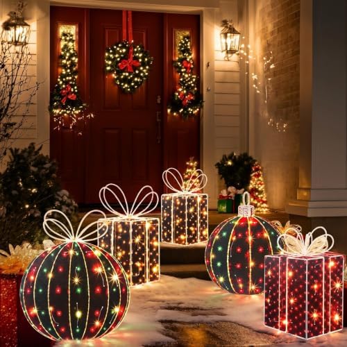 Woanger 5 Pcs Christmas Decorations Outdoor Lighted Metal Flat Gift Boxes