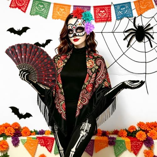 4-Pc Day of the Dead Costume, Mexican Shawl, Sugar Skull Mask, Fan & Gloves
