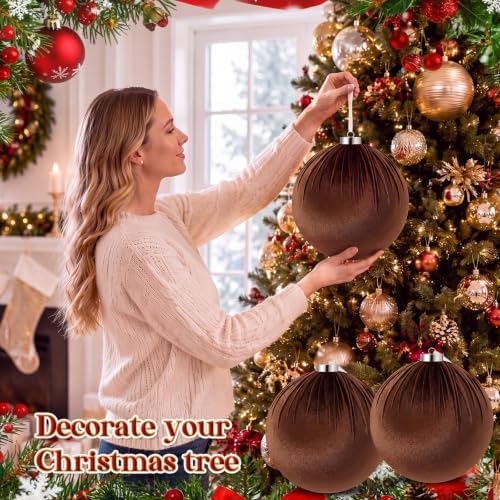 Weysat 6 PCS 8" Extra Large Velvet Christmas Ball Ornaments, Brown