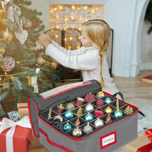HOLDN’ STORAGE Christmas Ornament Storage Box with Dividers - Fits 96-3” Ornaments, 4 Removable Trays, Durable & Space-Saving, Clear Top Lid, Convenient Storage Designed, Grey
