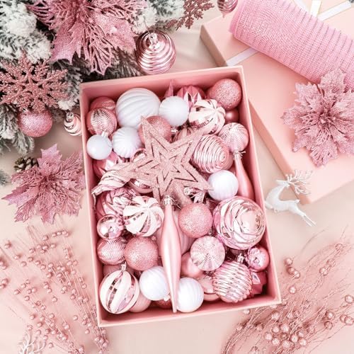 CroBlissful 118 Pcs Christmas Tree Ornaments Set Including Ornaments Balls, Mesh Ribbon,Hanging Snowflakes Icicle, Tree Top Star, Flower, Berries Stems for Xmas Trees Holiday Decor(Pink)